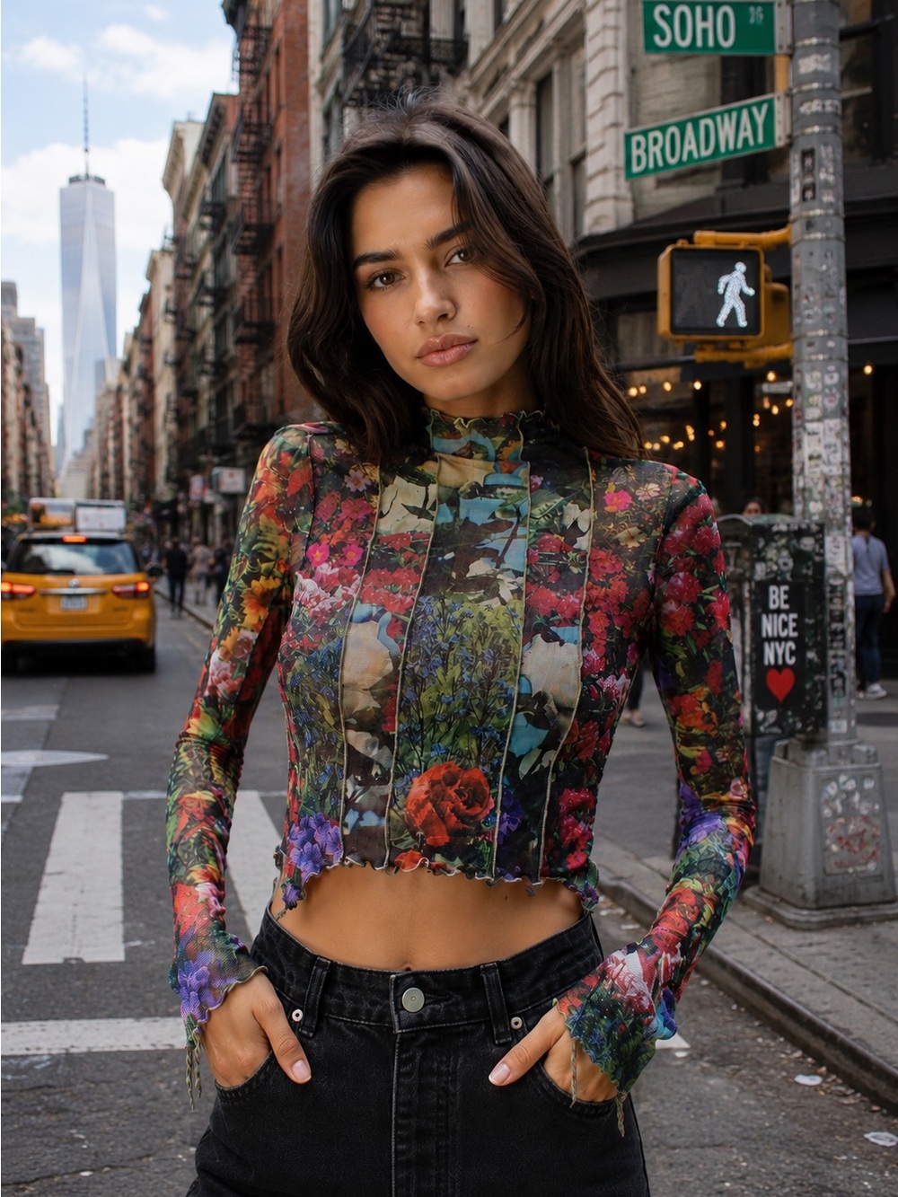 Urban Revivo Floral Mesh Long Sleeve Crop Top | US 4